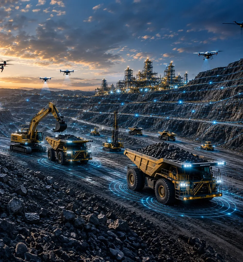 An AI-connected autonomous mine site at dusk with drones overhead, representing emerging mining technology