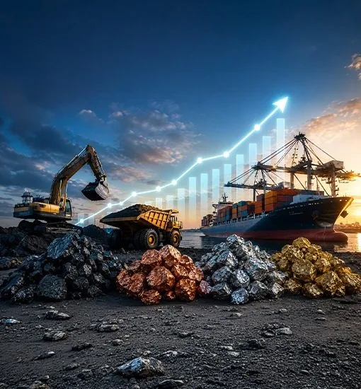 Mineral exports and a rising growth chart at a port
